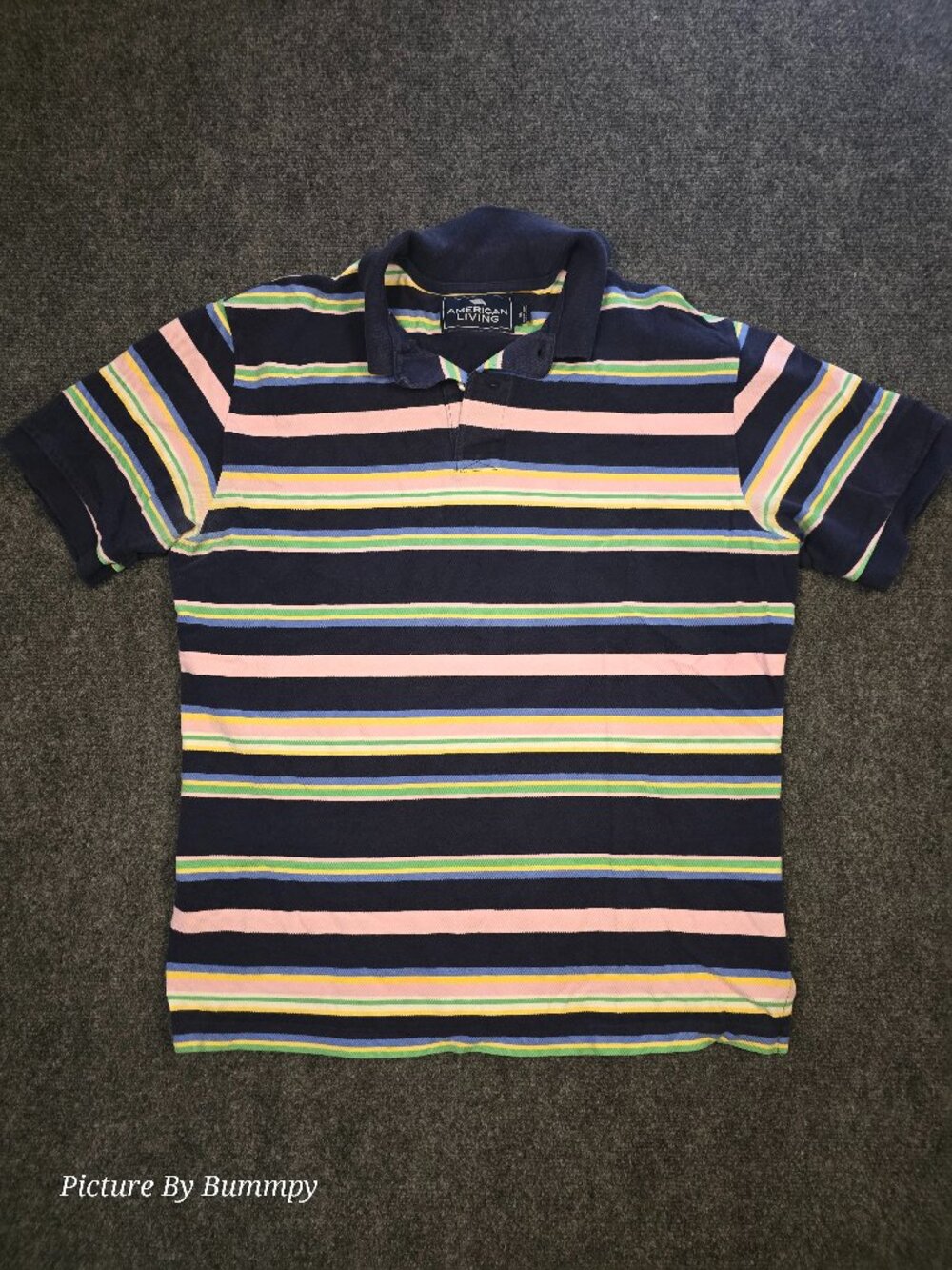 Vintage American Living Multi-Color Striped Polo Shirt Navy Blue Medium